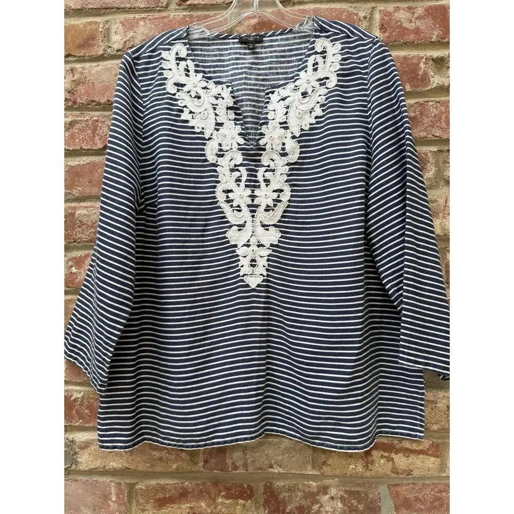 Talbots Womens Blue White Stripe Beaded Linen 3/4 Sleeve Petite XL PXL‎ Coastal